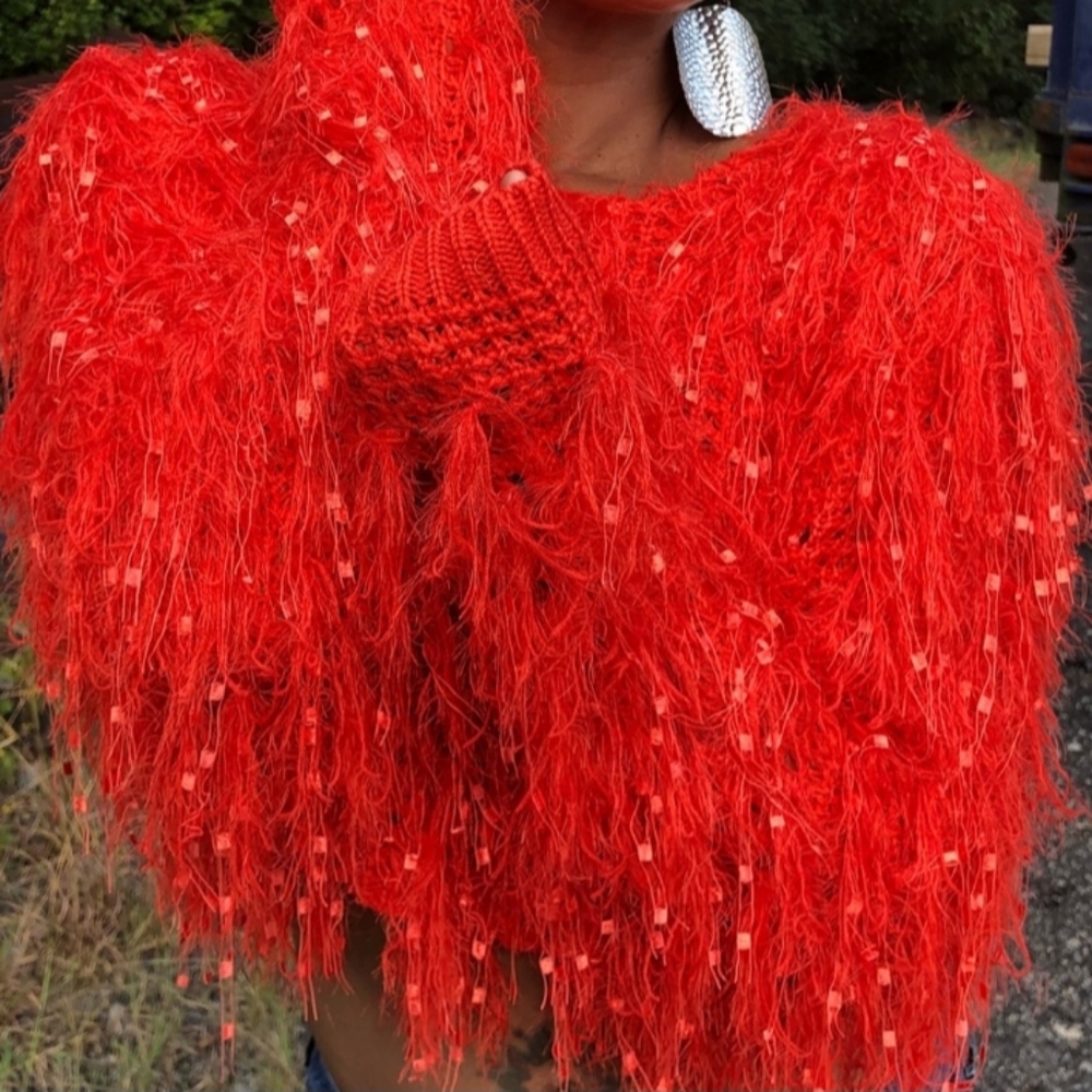 🌲Rehab Lab Shabby Chic Cropped Rustic Red Fringe Sweater🌲 - Picture 6 of 6